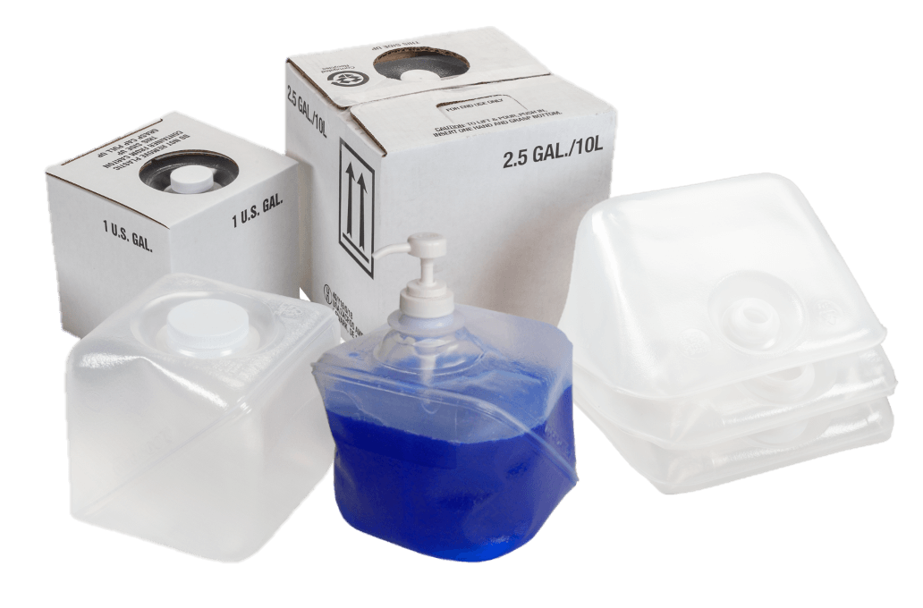 CUBITAINER bag-in-box liquid containers with cartons and a pump dispenser