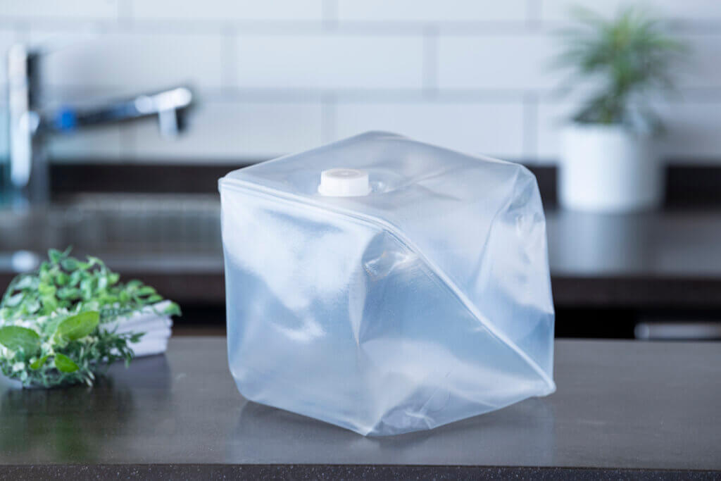 CUBITAINER semi-rigid flexible liquid container on a kitchen counter
