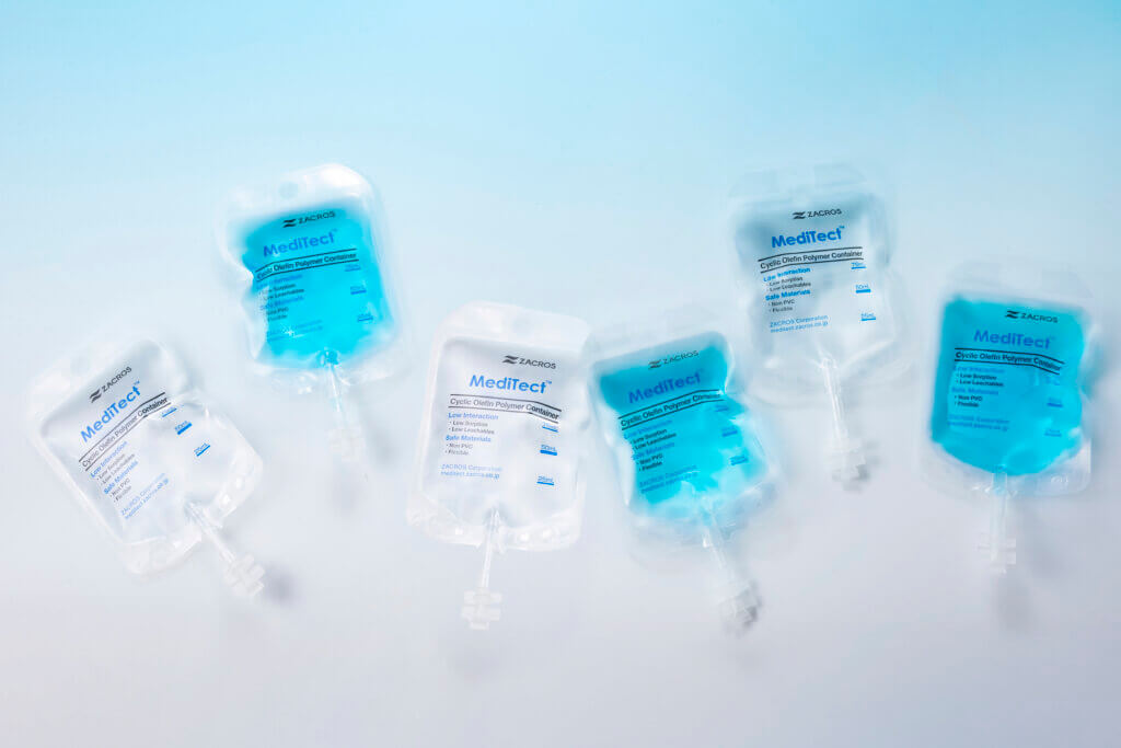 MediTect medical fluid bags with blue liquid